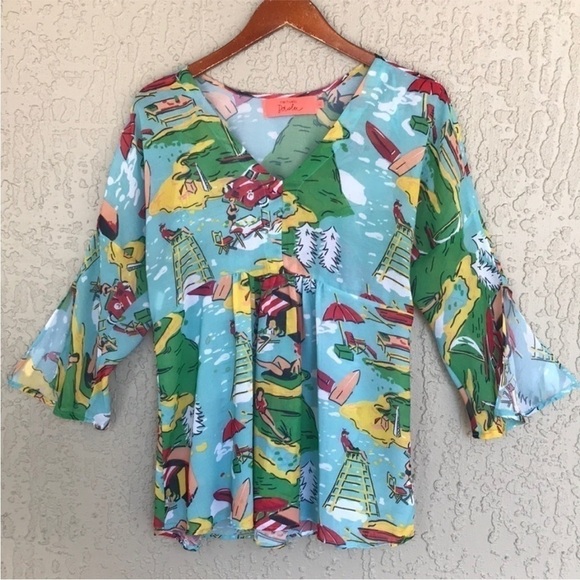 Riachuelo Daslu Tops - Riachuelo Daslu Scenic Beach Print V Neck Blouse Top